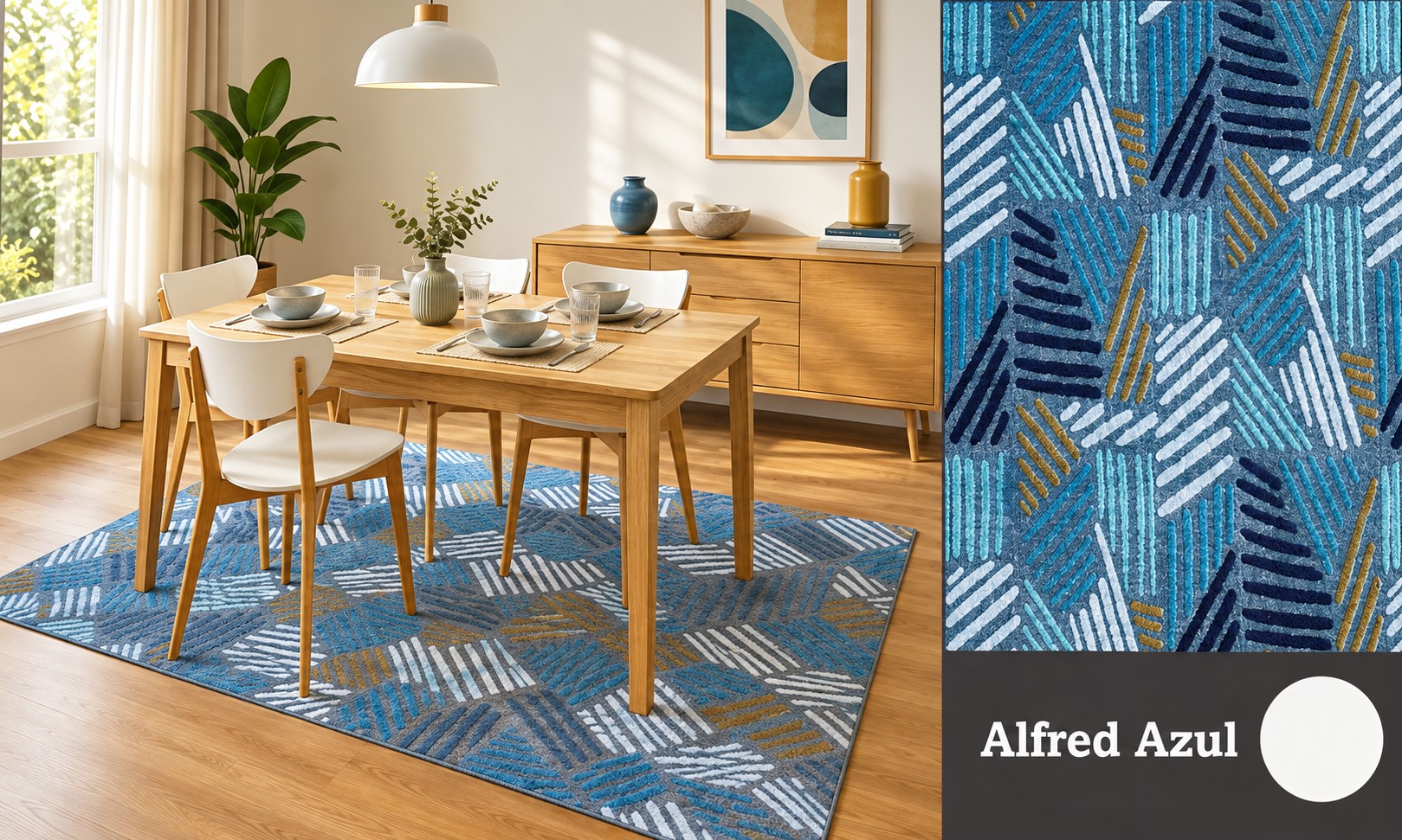 Alfombra Alfred Azul - Geometría de trazos diagonales en azul cielo, marino y mostaza.