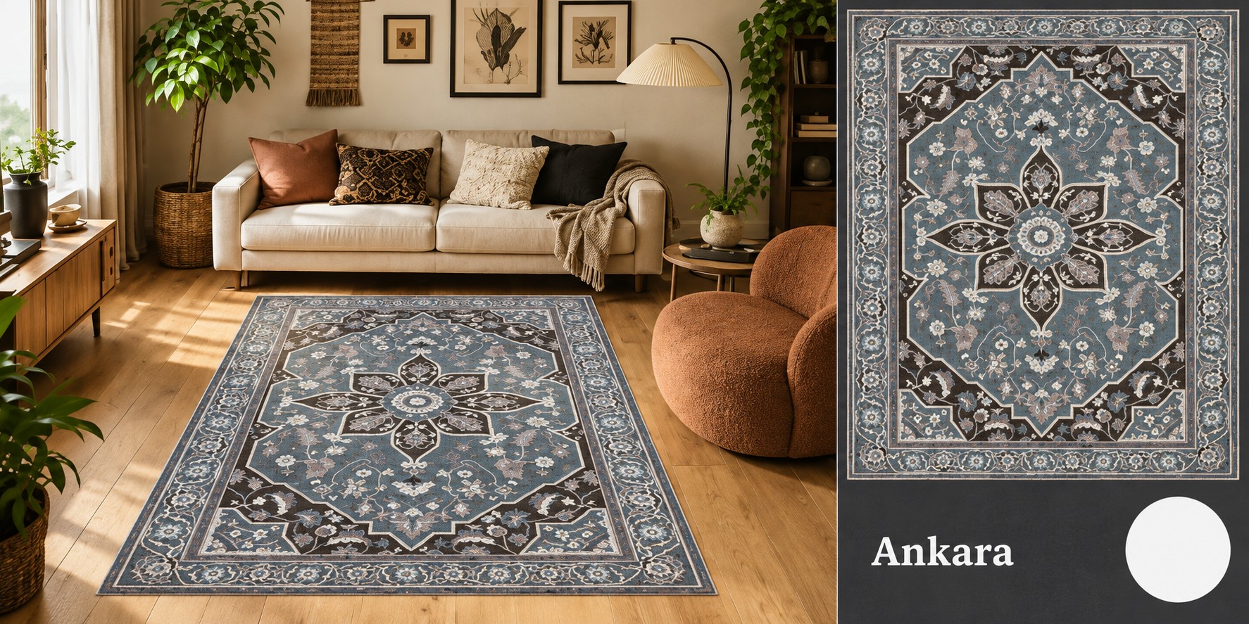 Alfombra Ankara - Gran medallón floral en azul grisáceo y negro con guardas ornamentales.