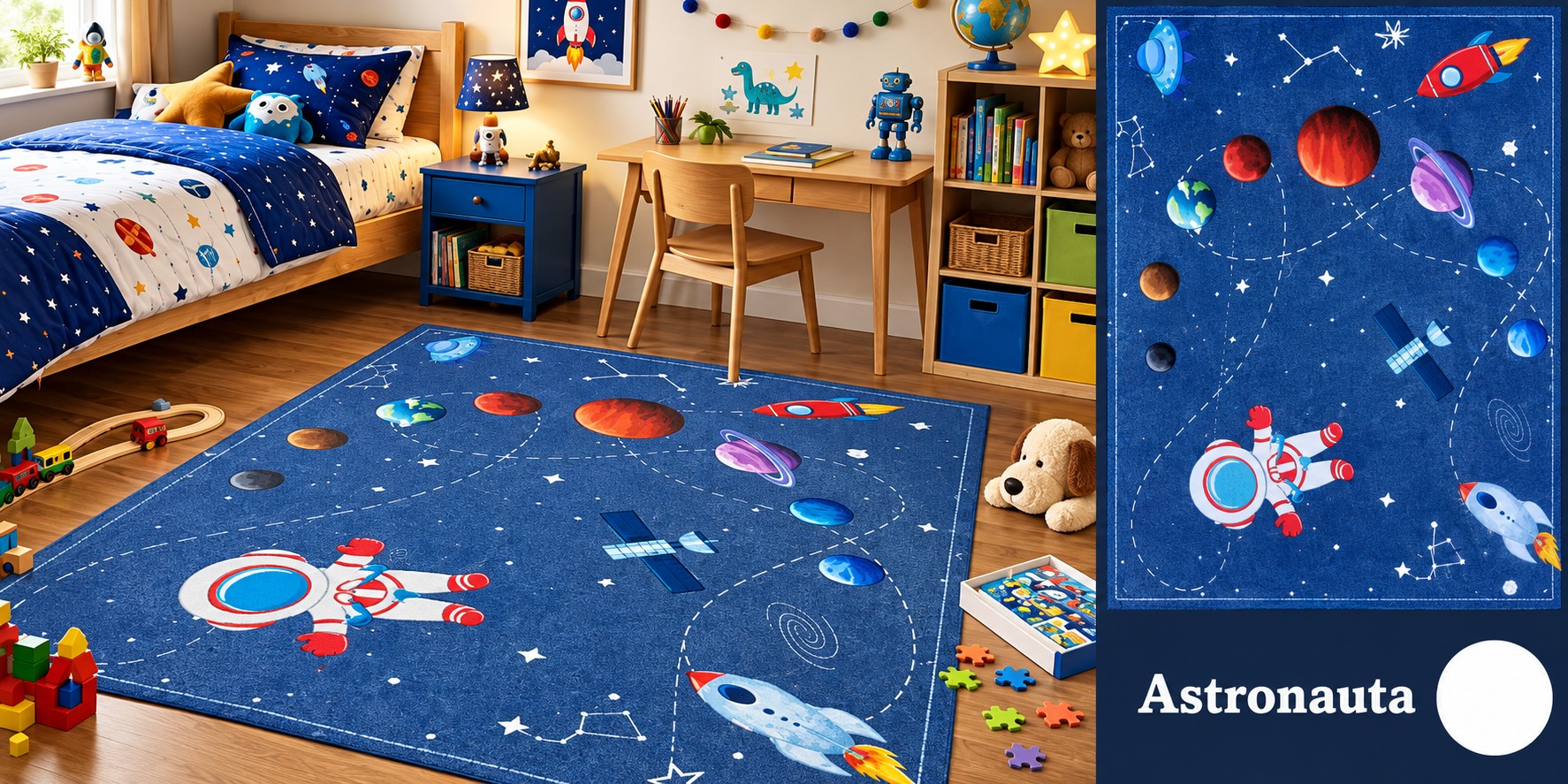 Alfombra Astronauta - Espacio: astronauta, cohete, planetas, estrellas y constelaciones.
