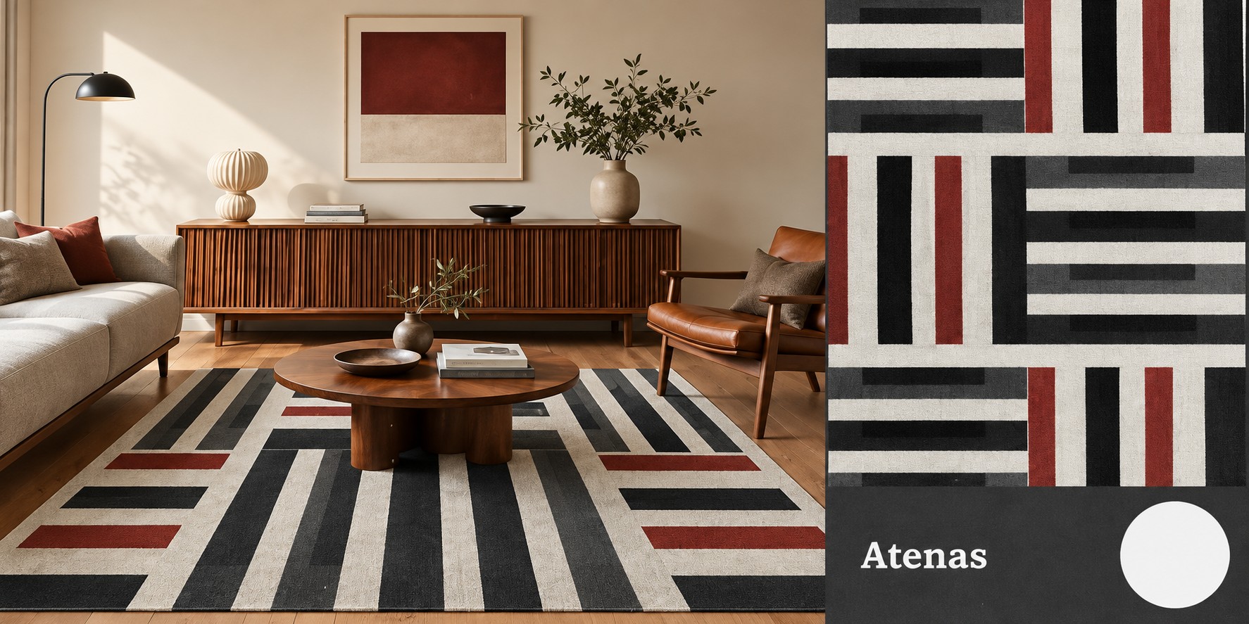Alfombra Atenas - Bloques rectangulares en negro, crema y bordó sobre beige, estilo Mondrian.