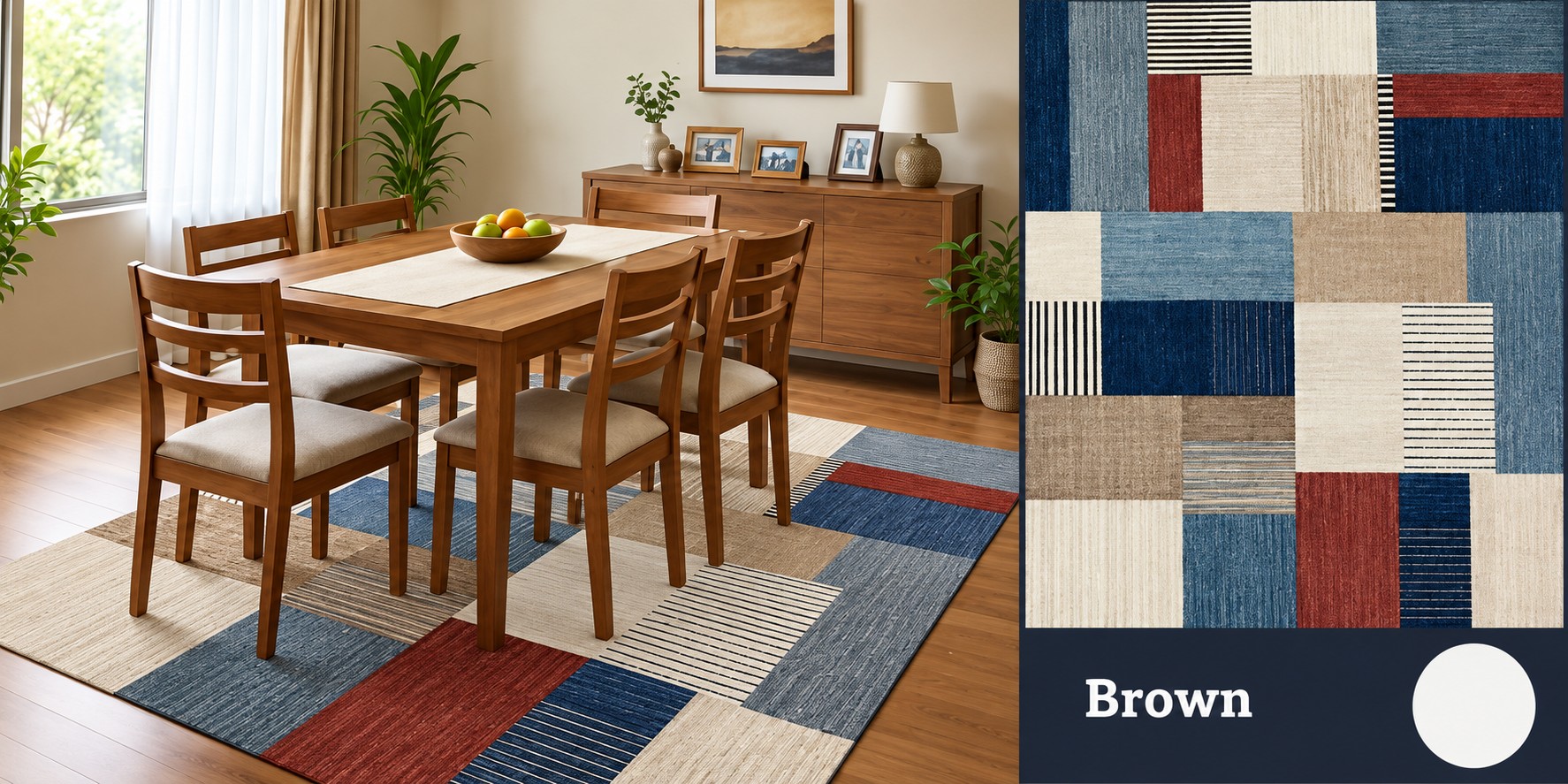 Alfombra Brown - Patchwork de bloques con rayas finas en azul denim, bordó, beige y crema.