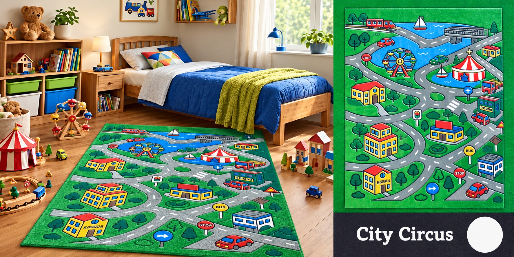 Alfombra City Circus - Ciudad ilustrada con noria, carpa de circo y río con velero.