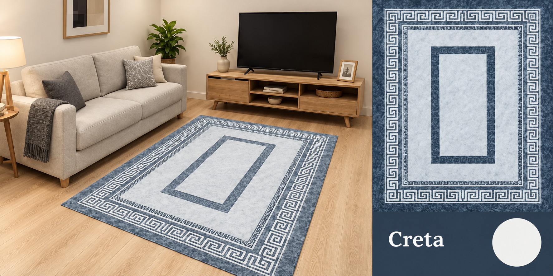 Alfombra Creta - Azul denim con doble cenefa de grecas griegas en blanco.