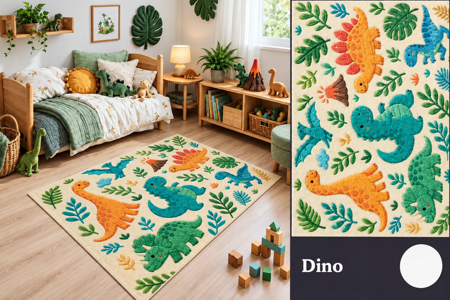Alfombra Dino - Dinosaurios en relieve con hojas tropicales sobre fondo crema.