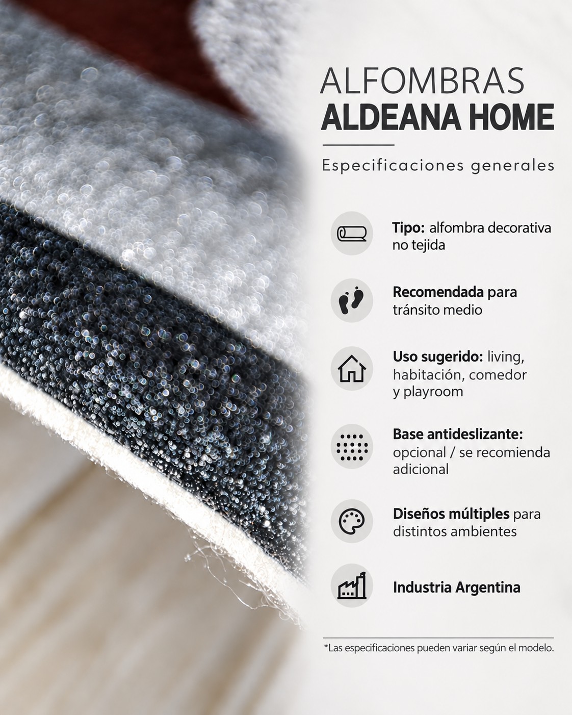 Ficha de especificaciones generales de las Alfombras Aldeana Home