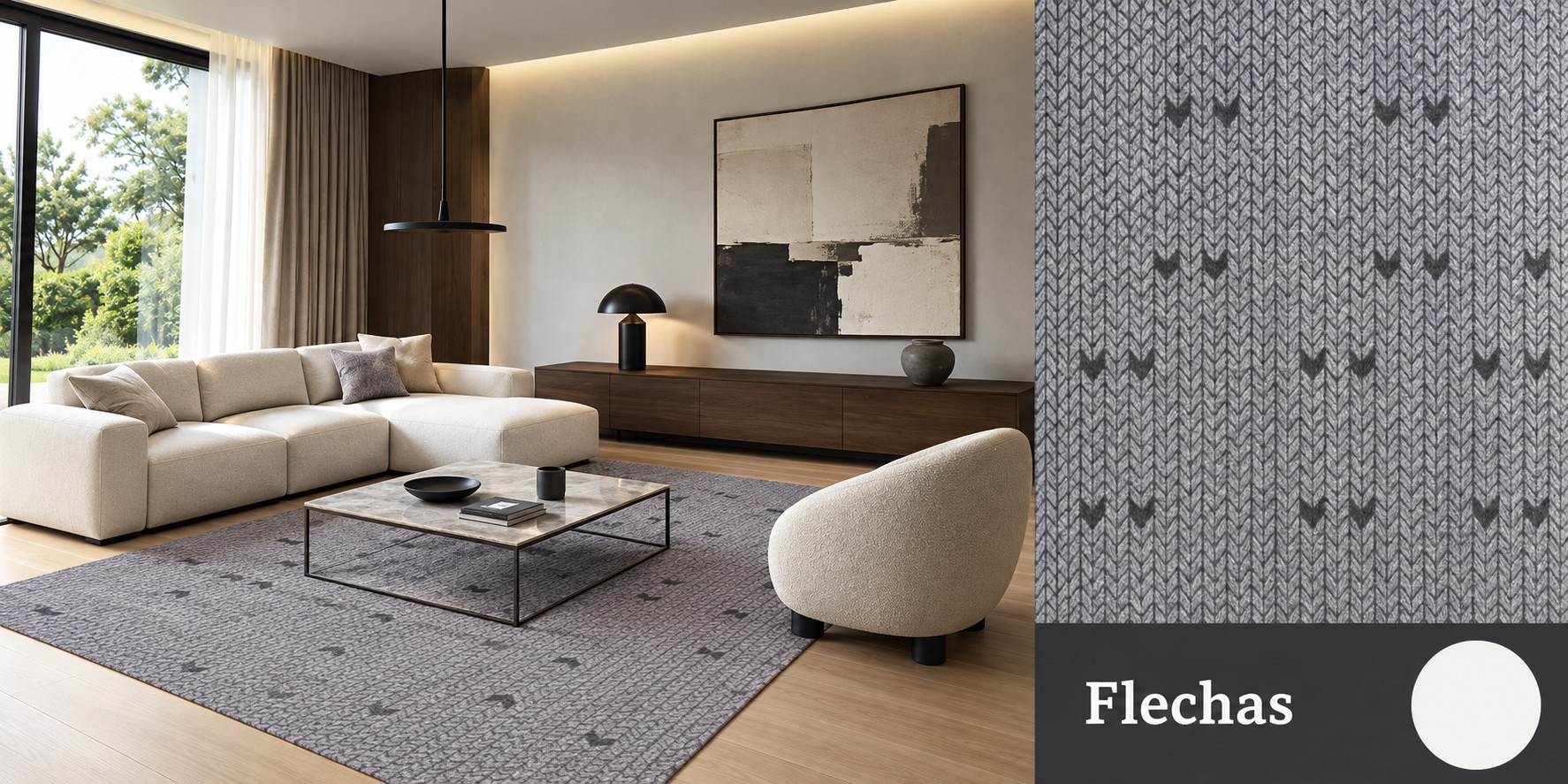 Alfombra Flechas - Tejido gris con finas líneas chevron y puntas de flecha en grilla.