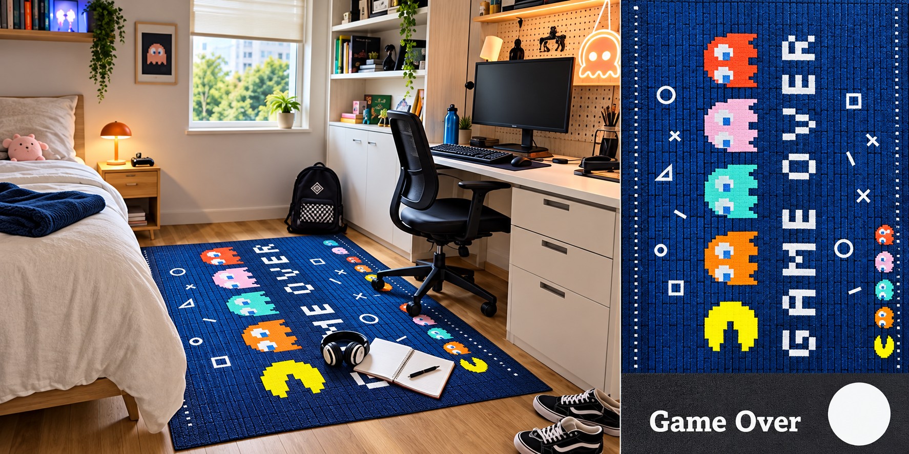 Alfombra Game Over - Arcade 8 bits: fantasmas pixelados y el texto GAME OVER.