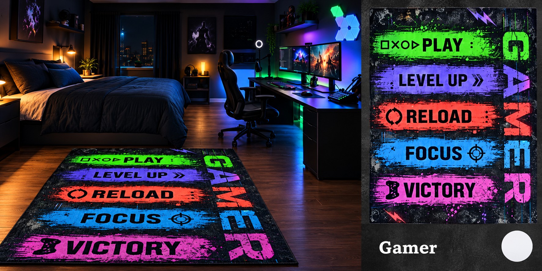 Alfombra Gamer - Franjas neón sobre negro con PLAY, LEVEL UP, RELOAD, FOCUS y VICTORY.