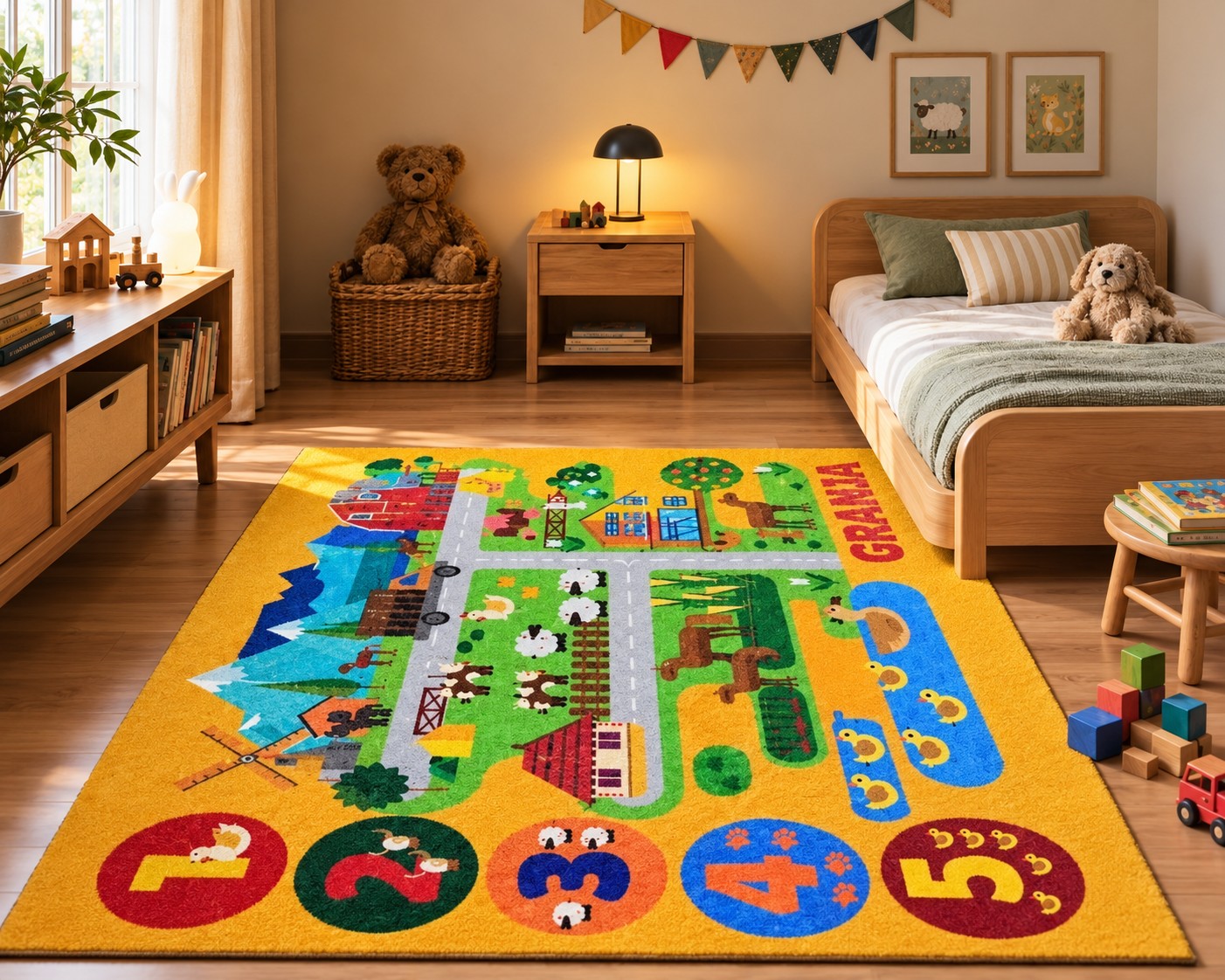 Alfombra Granja - Escena de granja con animales, camino, río y los números 1 a 5.