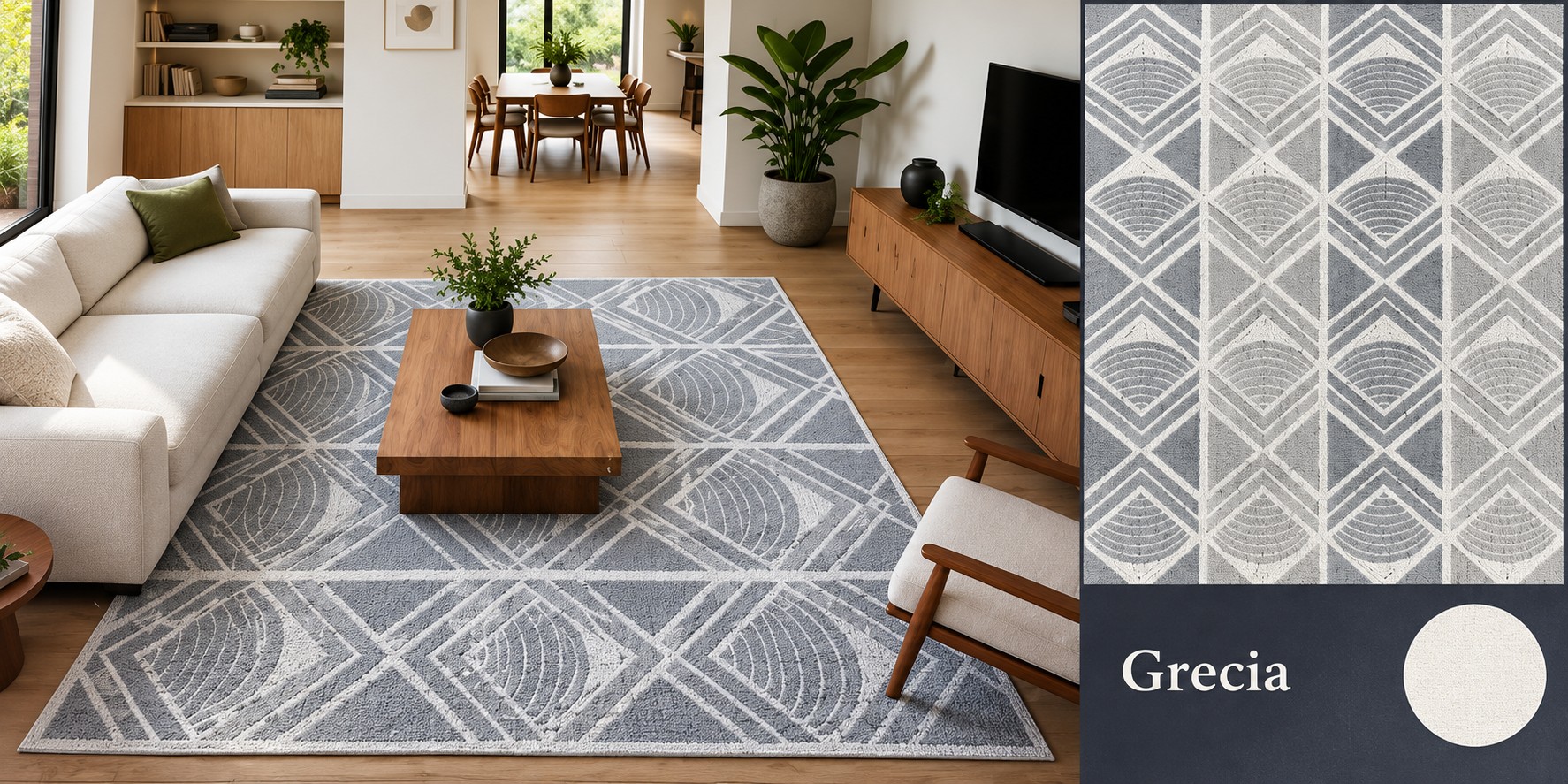 Alfombra Grecia de Aldeana Home en un living escandinavo