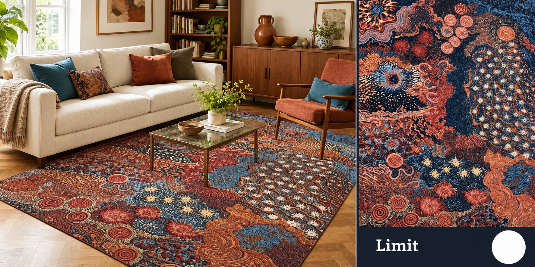 Alfombra Limit - Aire bohemio: espirales y flores en azul marino, terracota y óxido.