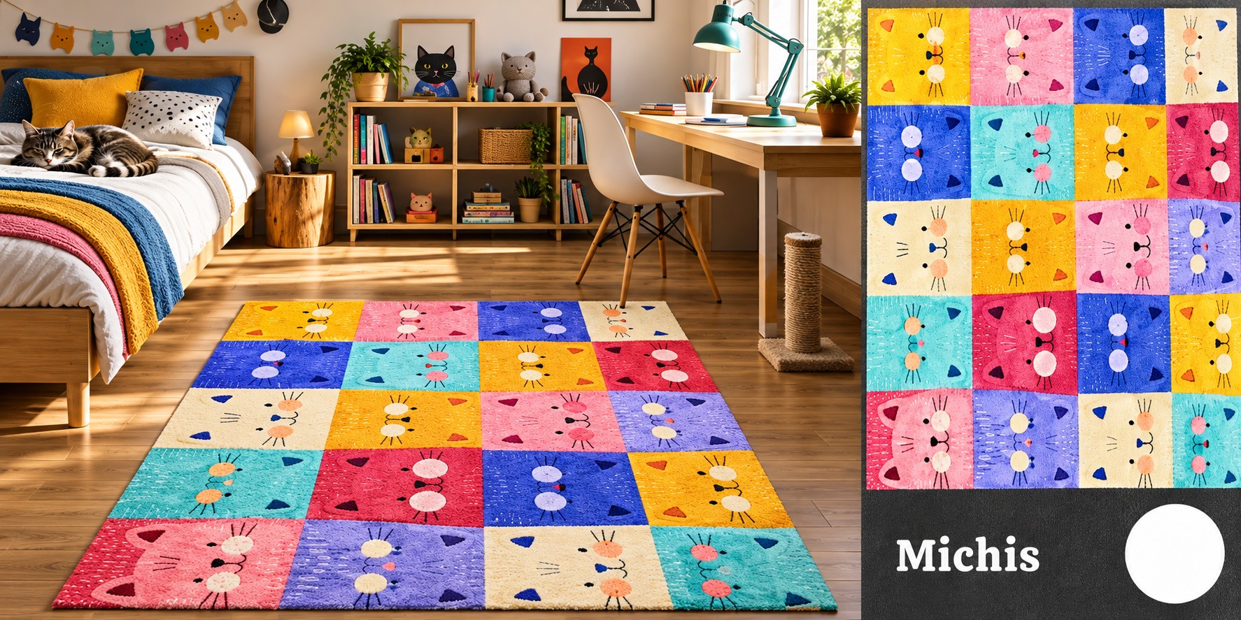 Alfombra Michis - Damero multicolor con caritas de gato en amarillo, rosa, azul y celeste.