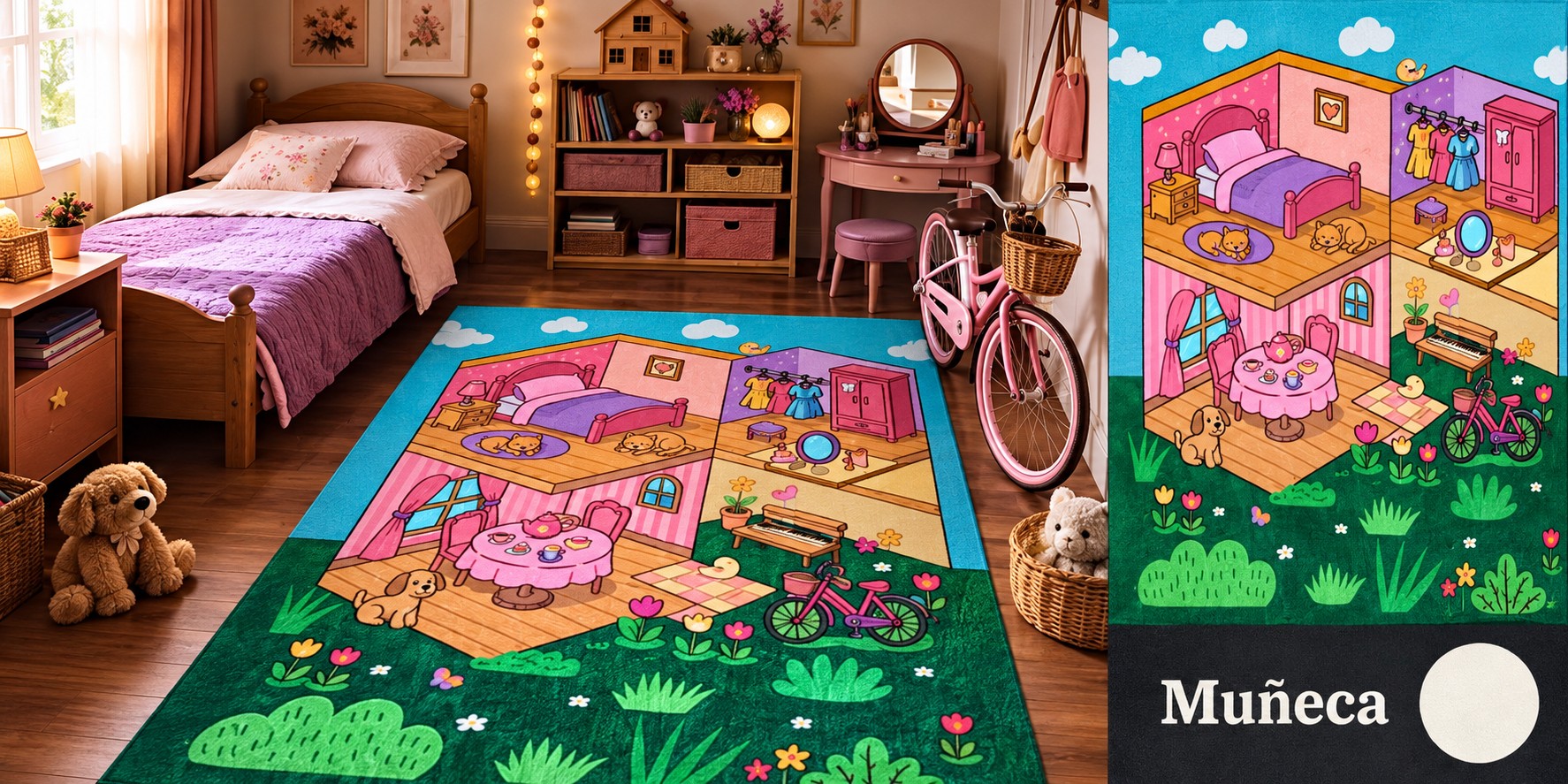 Alfombra Muñeca - Casa de muñecas ilustrada con habitaciones, muebles y cachorros.