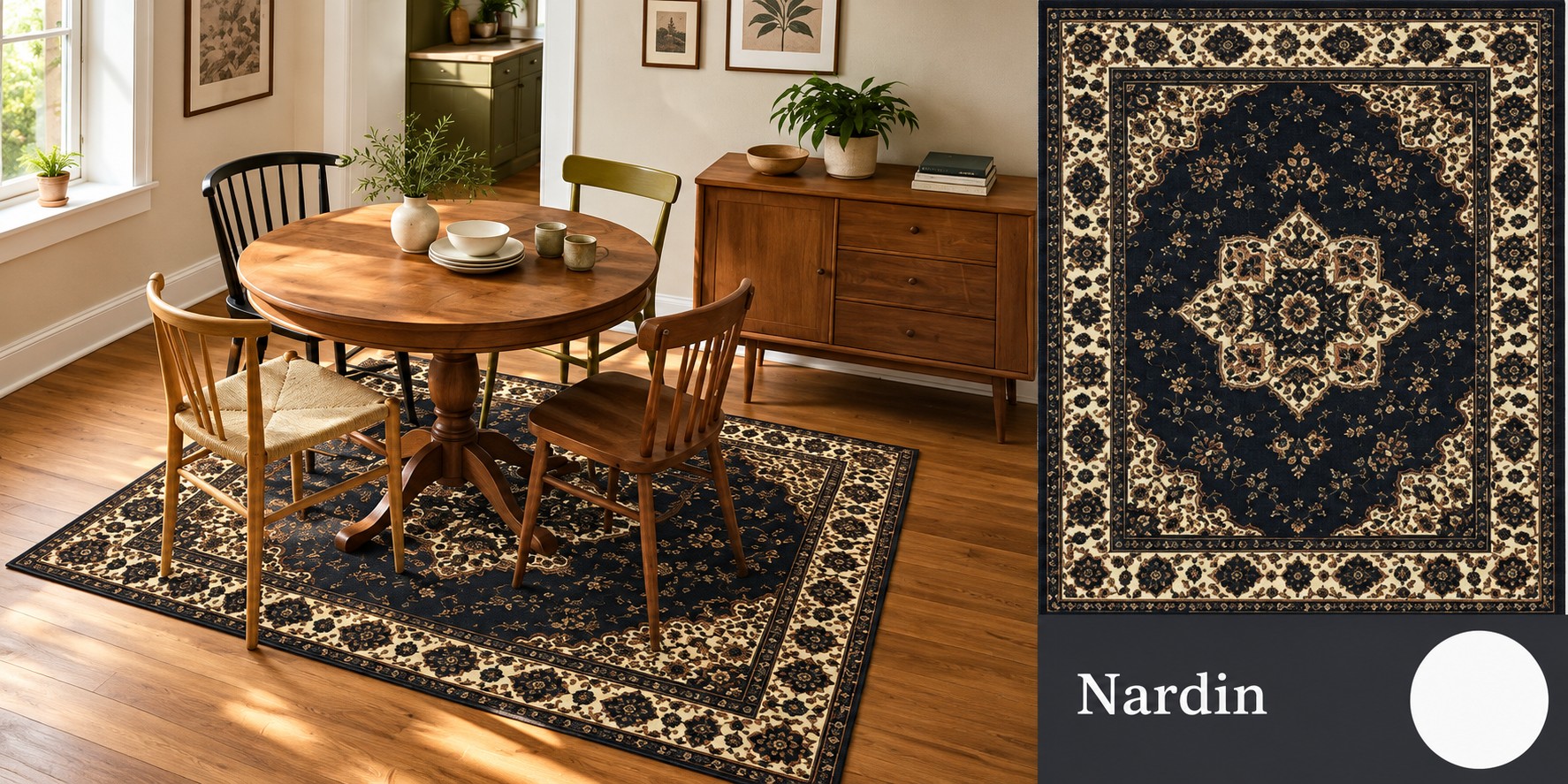 Alfombra Nardin - Inspiración persa: medallón en estrella y doble cenefa en azul marino y beige.