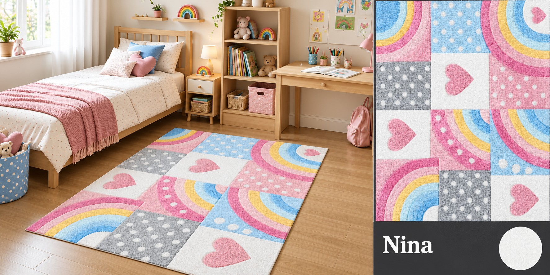 Alfombra Nina - Cuadros con arcoíris pastel, corazones rosas y lunares.
