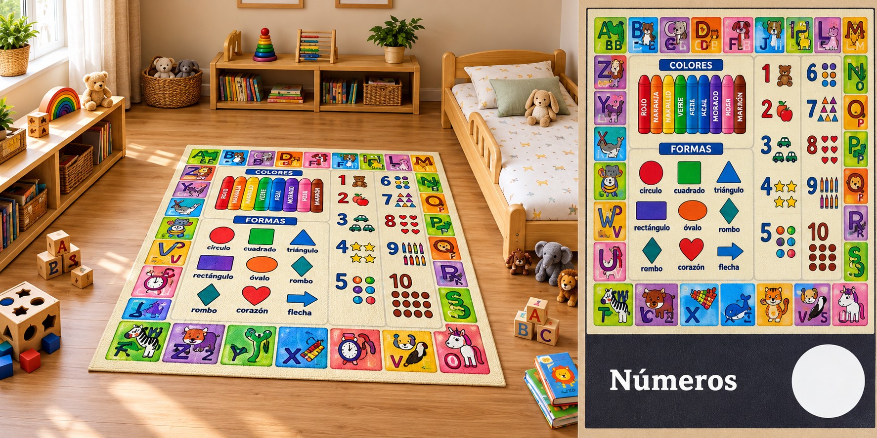 Alfombra Números - Tapete didáctico: abecedario, números del 1 al 10, colores y formas.