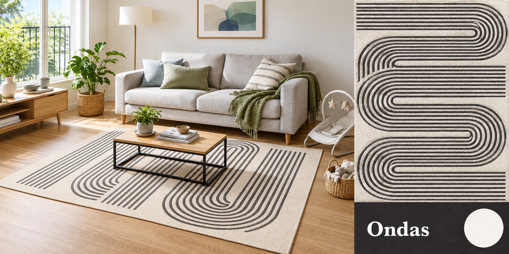 Alfombra Ondas - Líneas curvas negras en ondas concéntricas sobre crema.