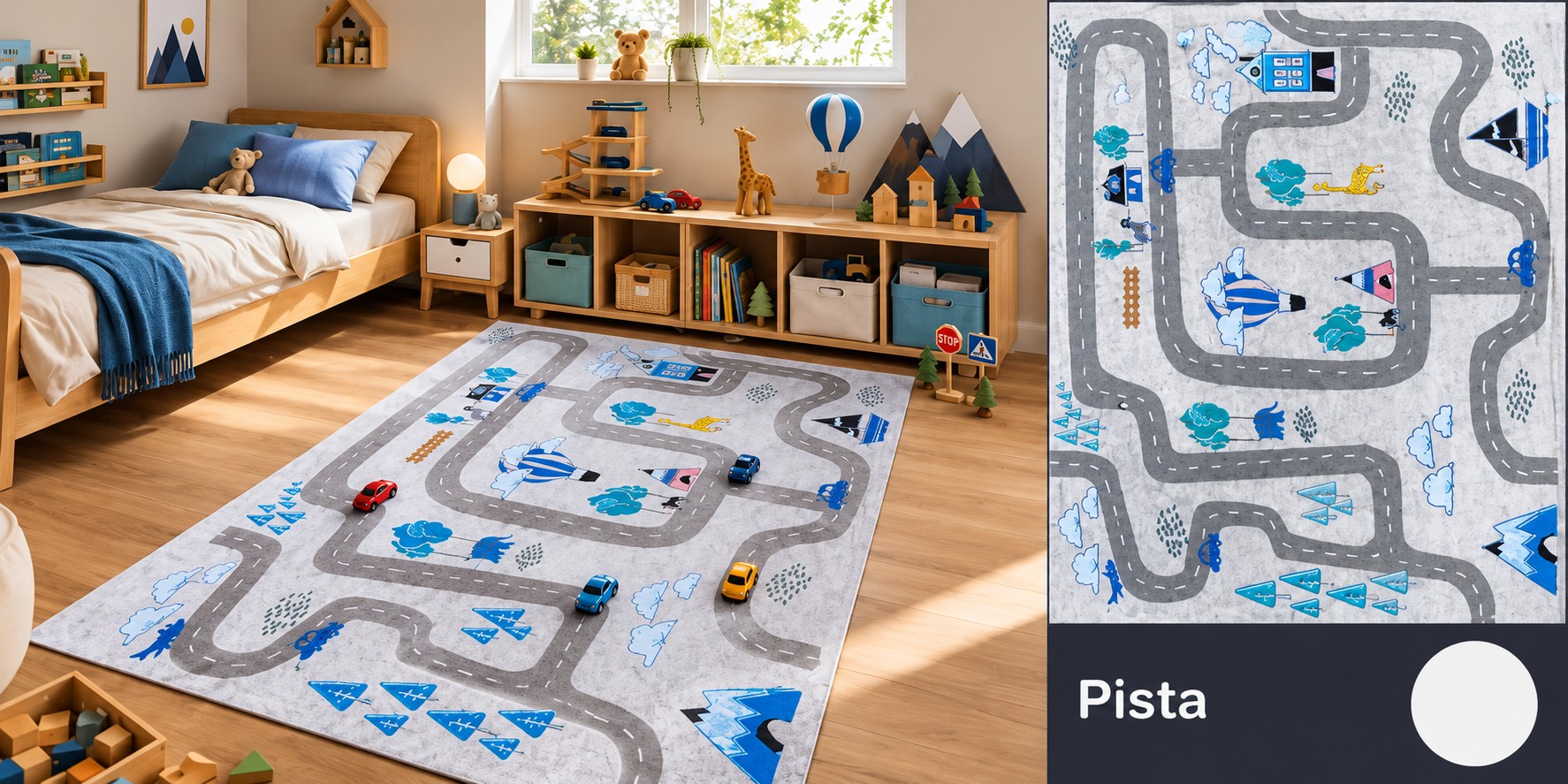 Alfombra Pista - Pistas de carretera con líneas discontinuas, árboles y globos aerostáticos.