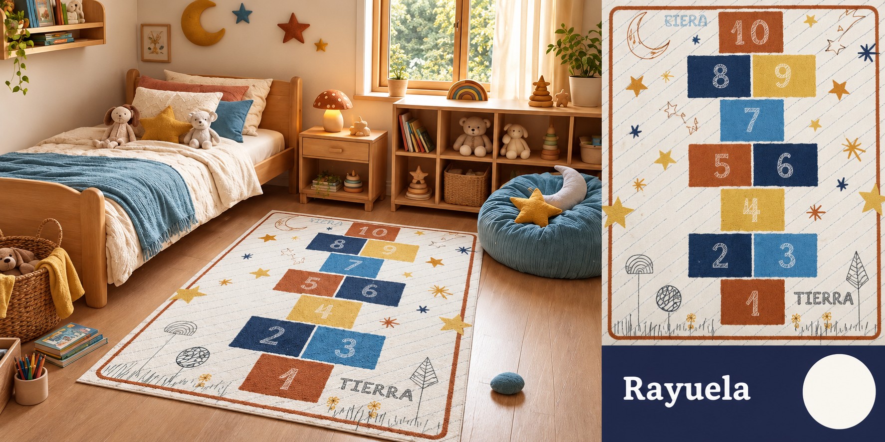 Alfombra Rayuela - Rayuela del 1 al 10 con estrellas, lunas y arcoíris.