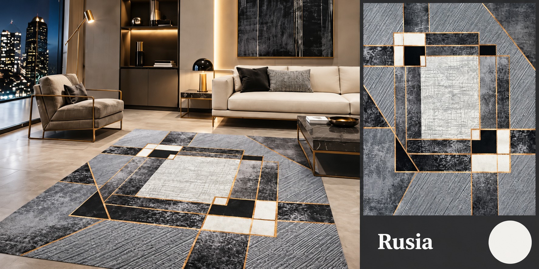 Alfombra Rusia - Geometría contemporánea en grises y negro con líneas doradas.