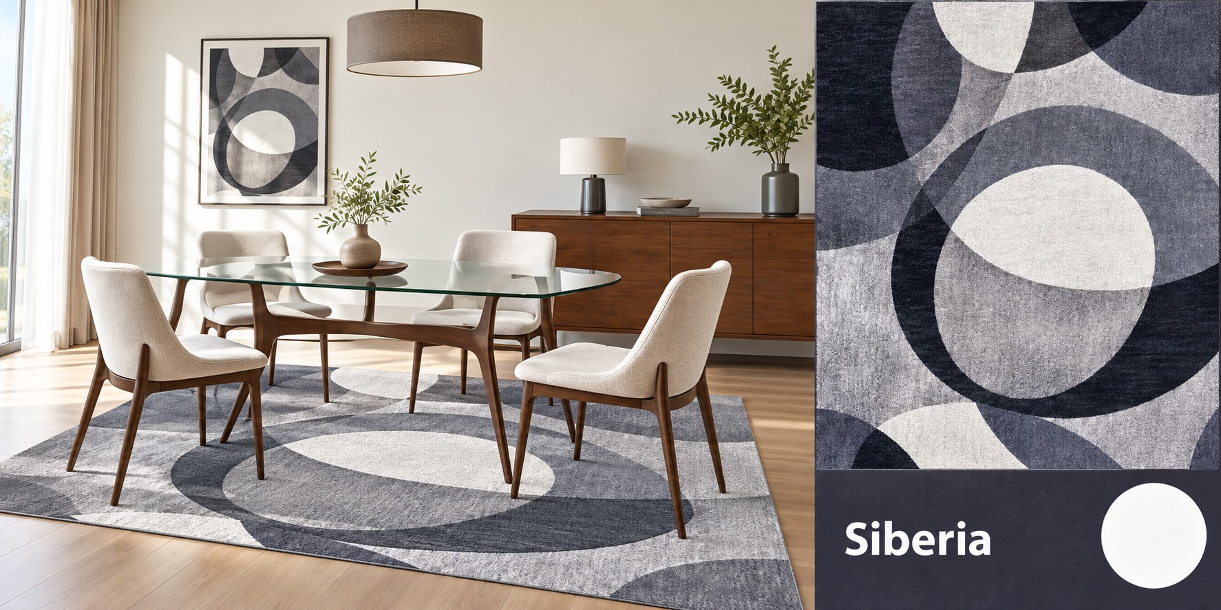 Alfombra Siberia - Círculos y óvalos en escala de azul marino, gris y blanco roto.
