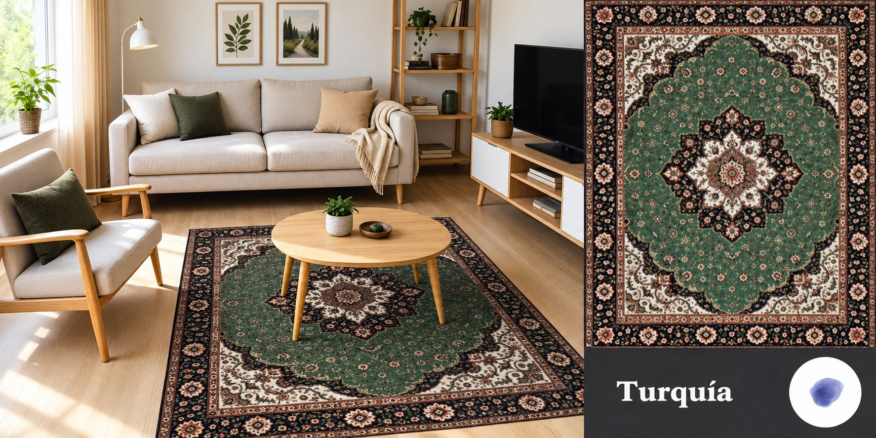 Alfombra Turquía - Persa tradicional: campo verde intenso, cenefa negra y detalles en crema y terracota.
