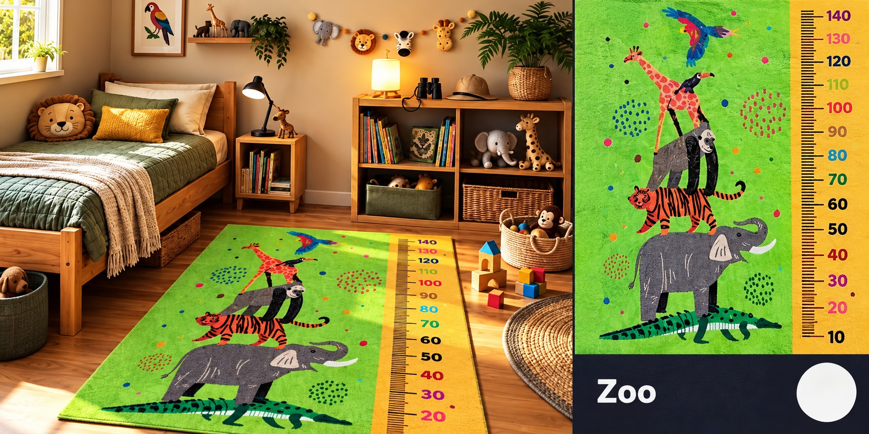 Alfombra Zoo - Animales apilados y franja medidora de altura de 10 a 140 cm.
